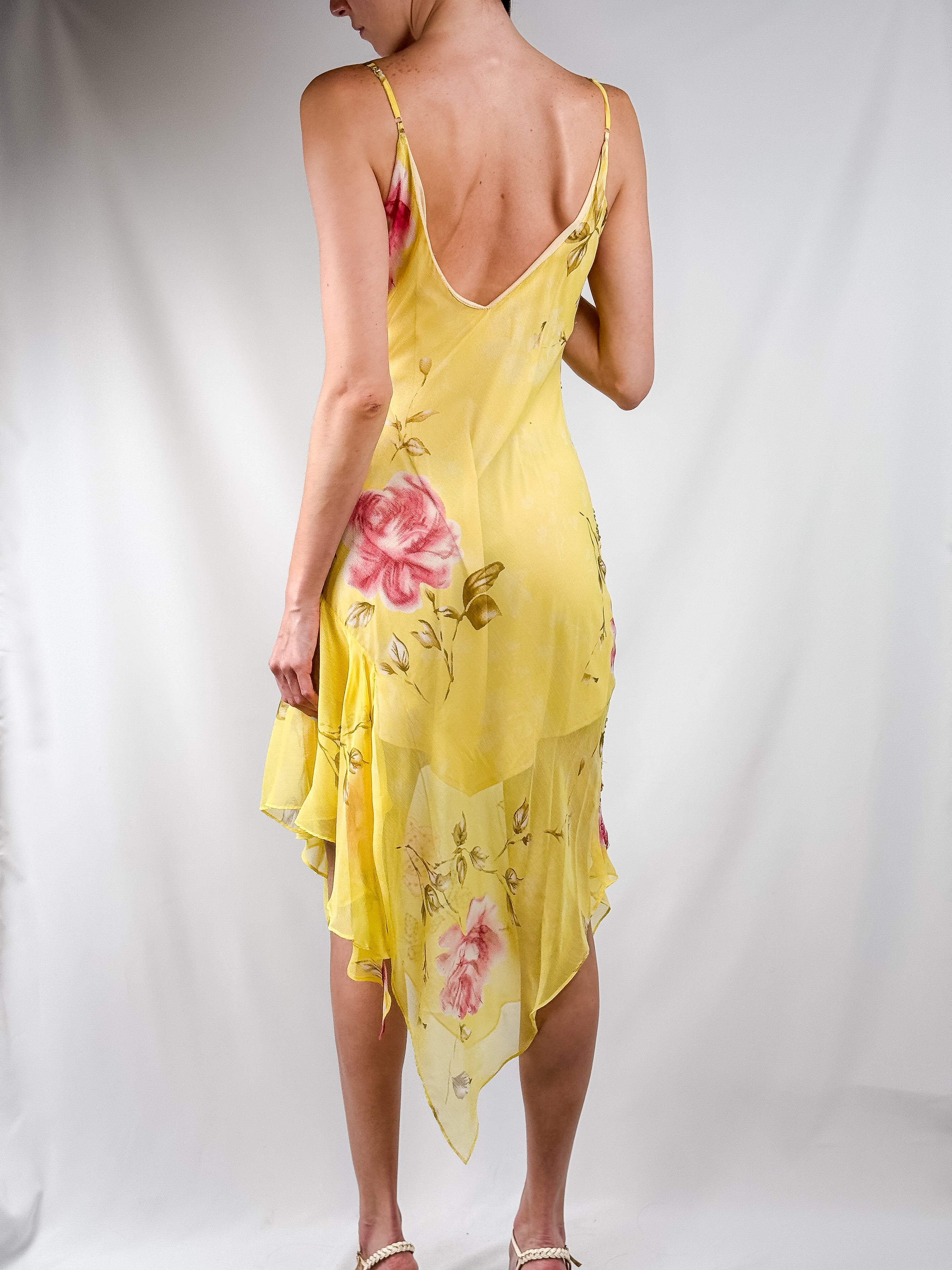 2000s Yellow Floral Beaded Chiffon Dress & Shawl - M