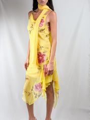2000s Yellow Floral Beaded Chiffon Dress & Shawl - M