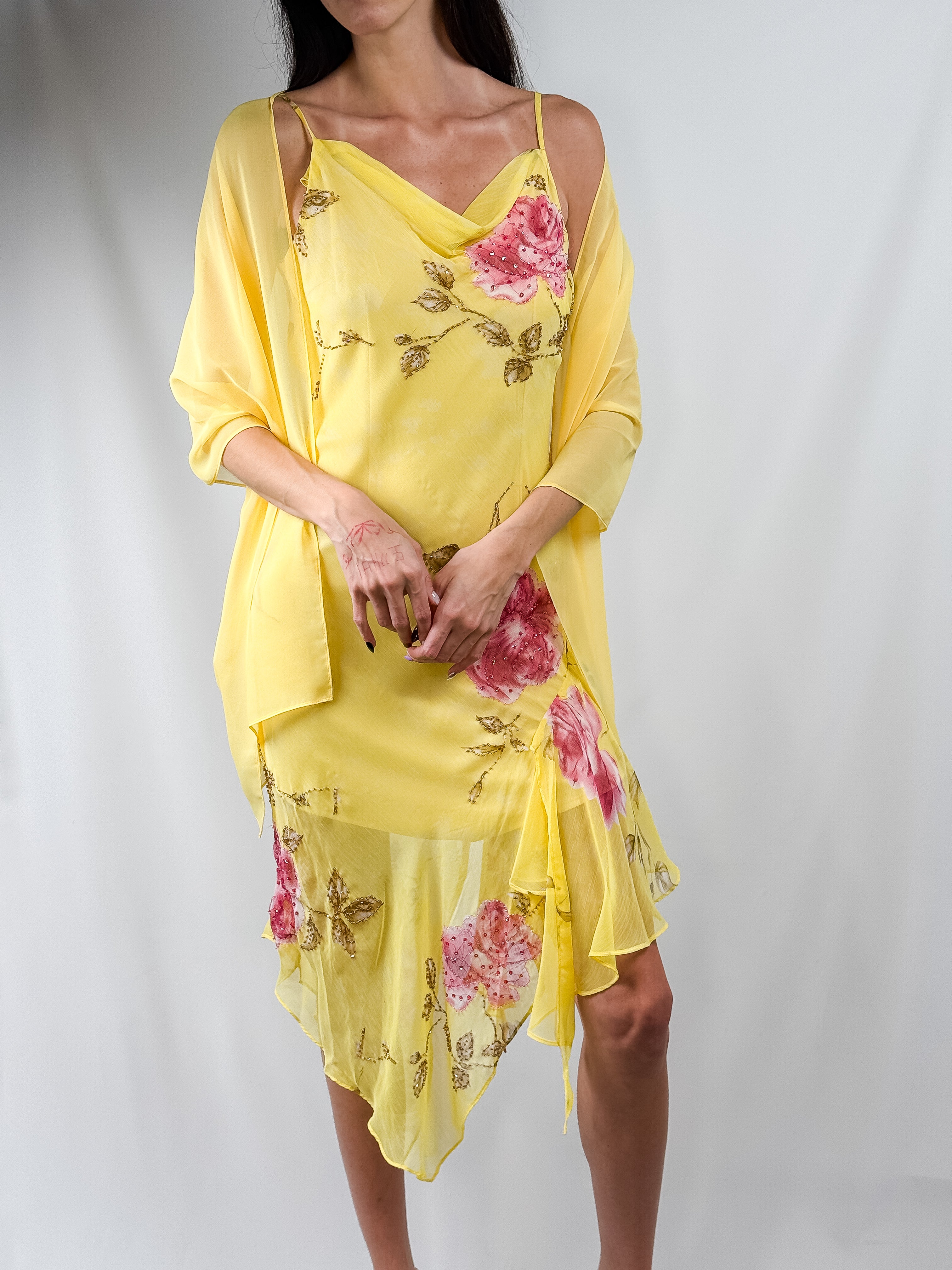 2000s Yellow Floral Beaded Chiffon Dress & Shawl - M