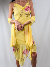 2000s Yellow Floral Beaded Chiffon Dress & Shawl - M