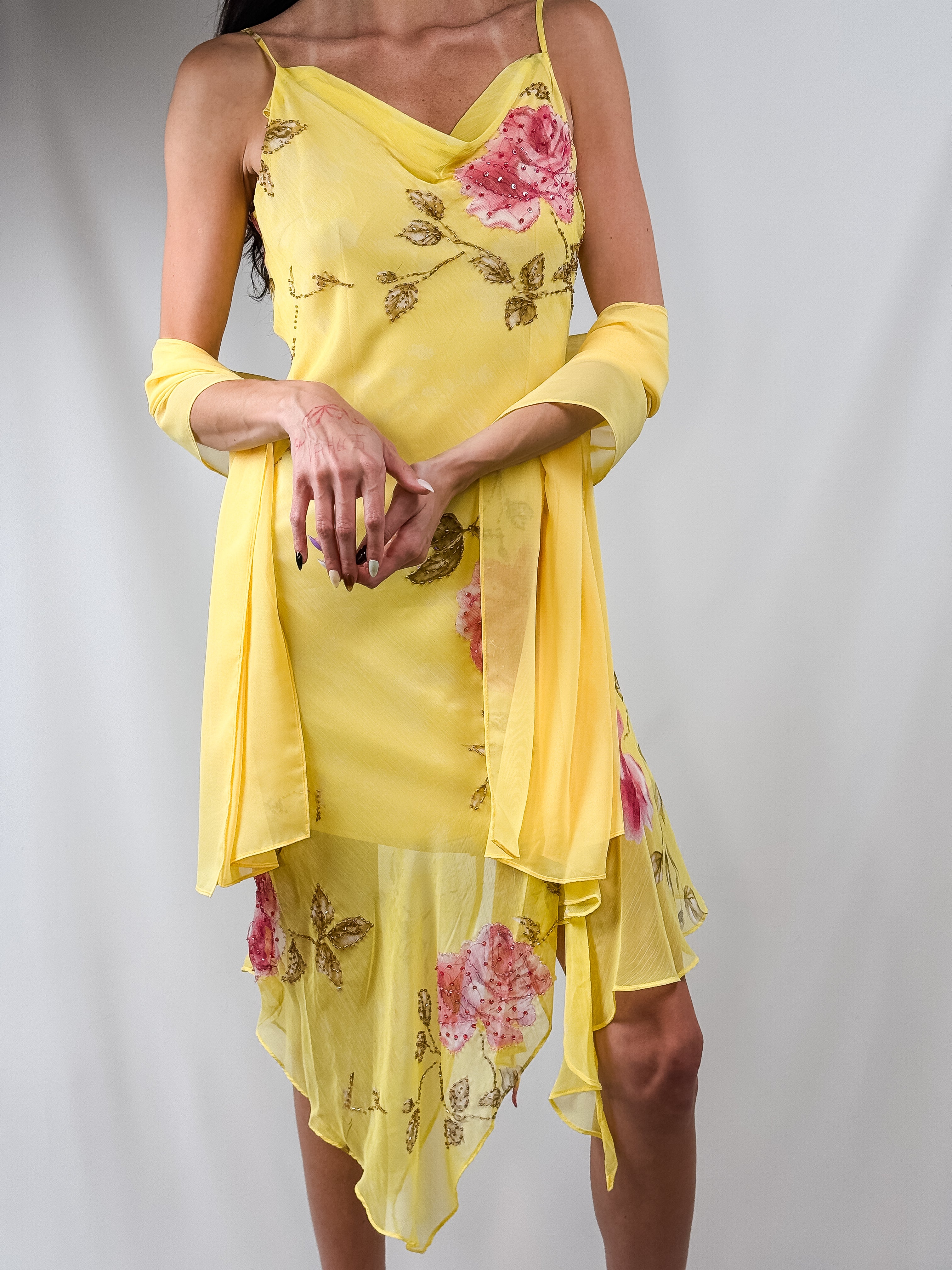 2000s Yellow Floral Beaded Chiffon Dress & Shawl - M
