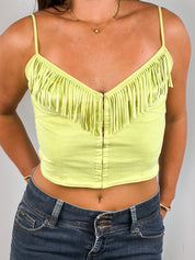 Plein Sud Jeans 2000s Chartreuse Fringe Hook Front Crop Top - S