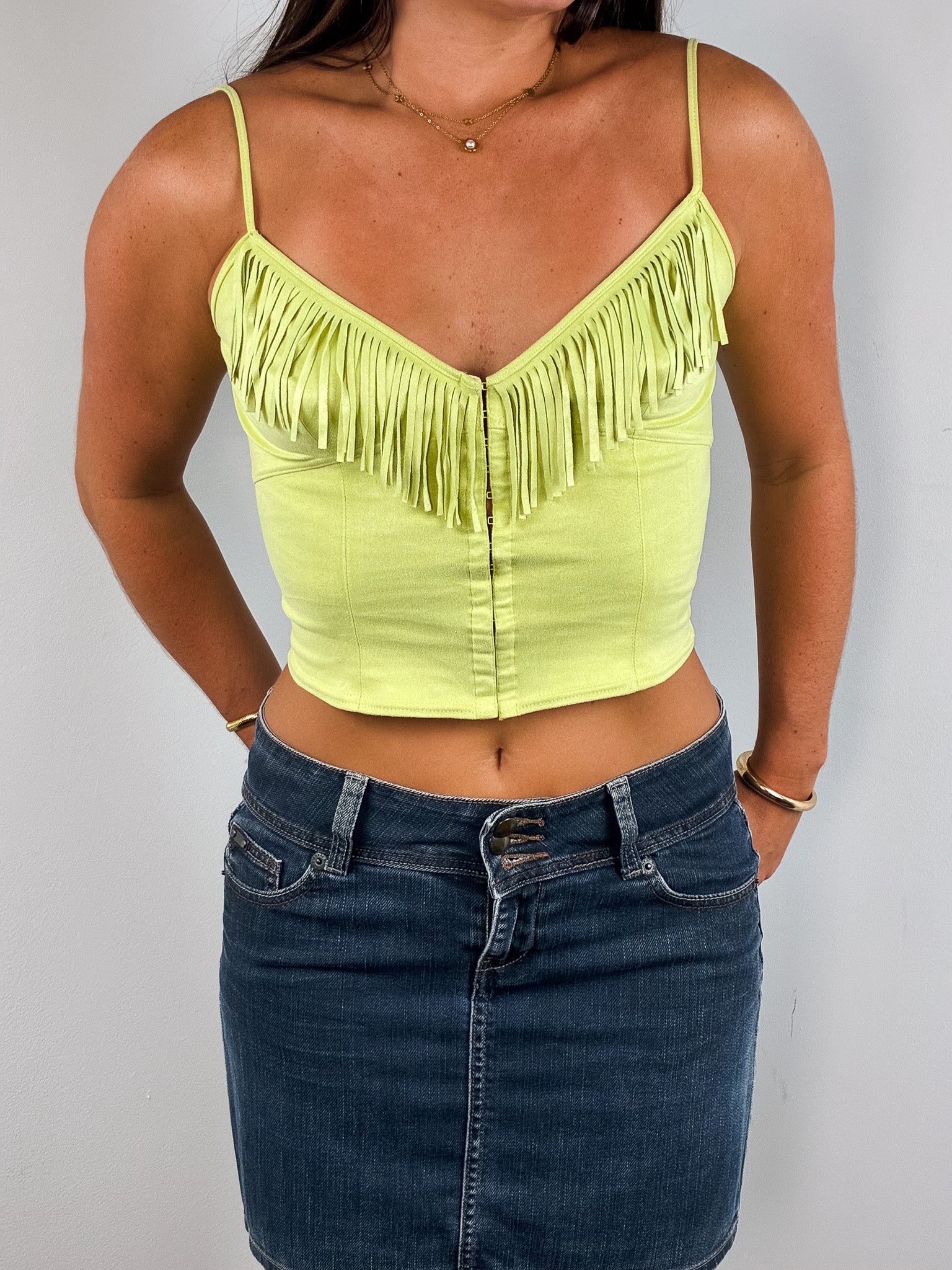 Plein Sud Jeans 2000s Chartreuse Fringe Hook Front Crop Top - S