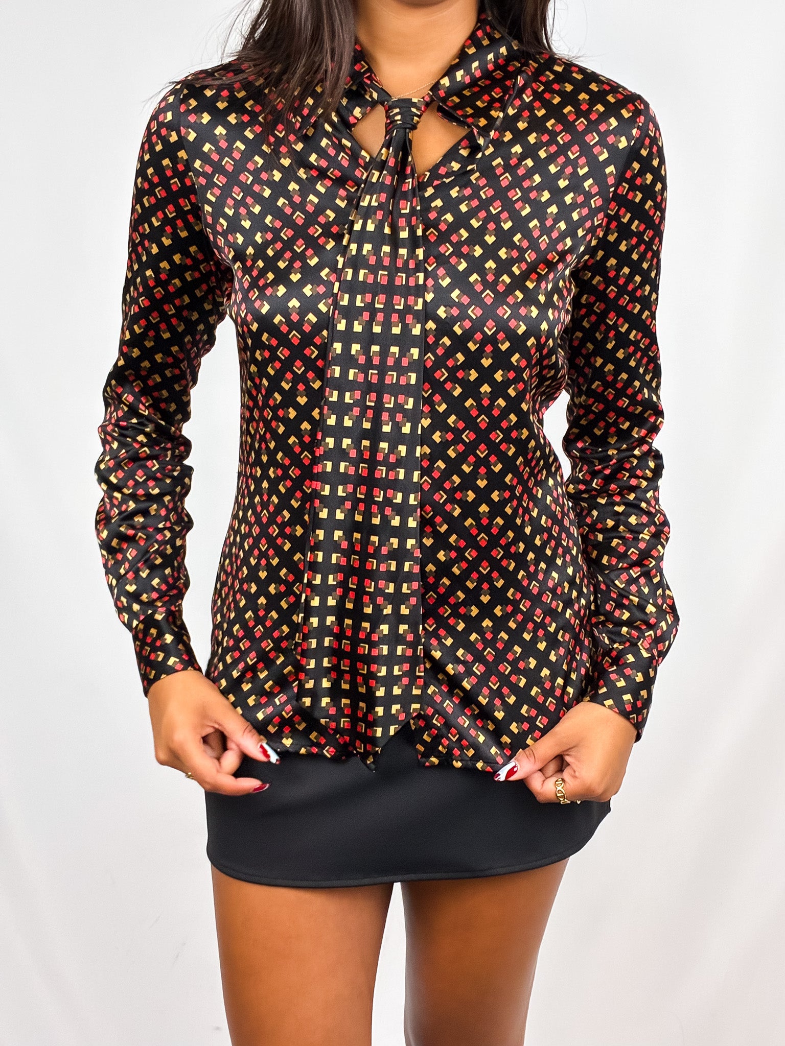 Diane von Furstenberg 2010s Black Silk Tie-Neck Blouse - XS/S