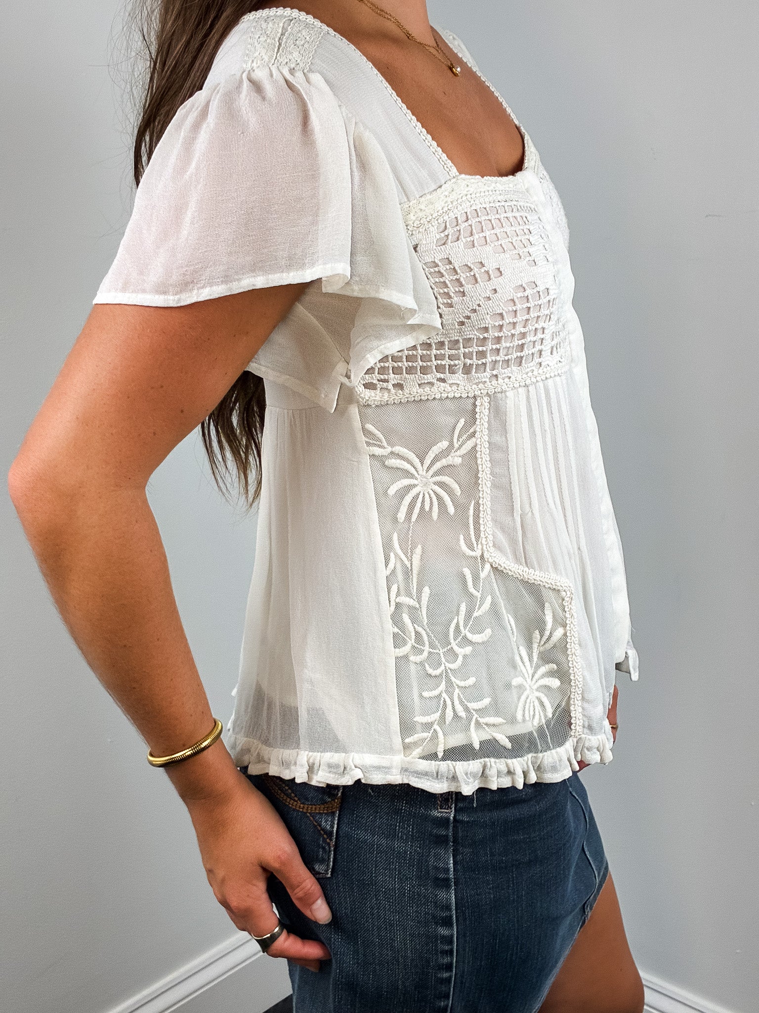 Twin-Set 2000s Cream Crochet and Tulle Babydoll Blouse - S