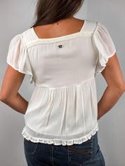 Twin-Set 2000s Cream Crochet and Tulle Babydoll Blouse - S