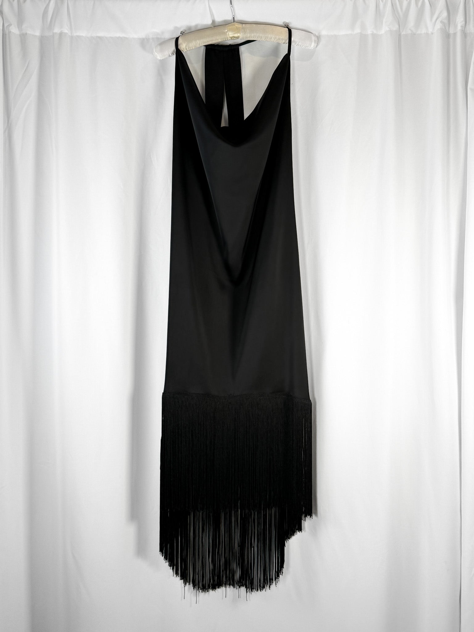 GM by Gai Mattiolo 2000s Black Satin Cowl Neck Fringe Hem Midi Dress - L