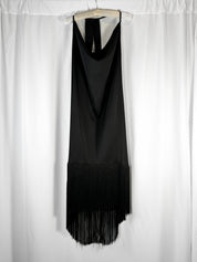 GM by Gai Mattiolo 2000s Black Satin Cowl Neck Fringe Hem Midi Dress - L
