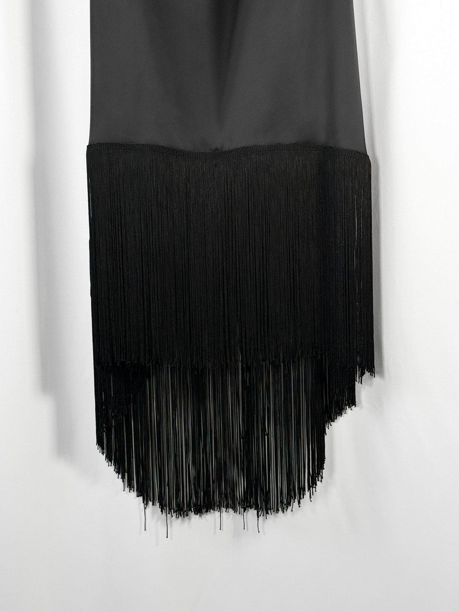 GM by Gai Mattiolo 2000s Black Satin Cowl Neck Fringe Hem Midi Dress - L