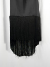 GM by Gai Mattiolo 2000s Black Satin Cowl Neck Fringe Hem Midi Dress - L
