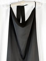 GM by Gai Mattiolo 2000s Black Satin Cowl Neck Fringe Hem Midi Dress - L