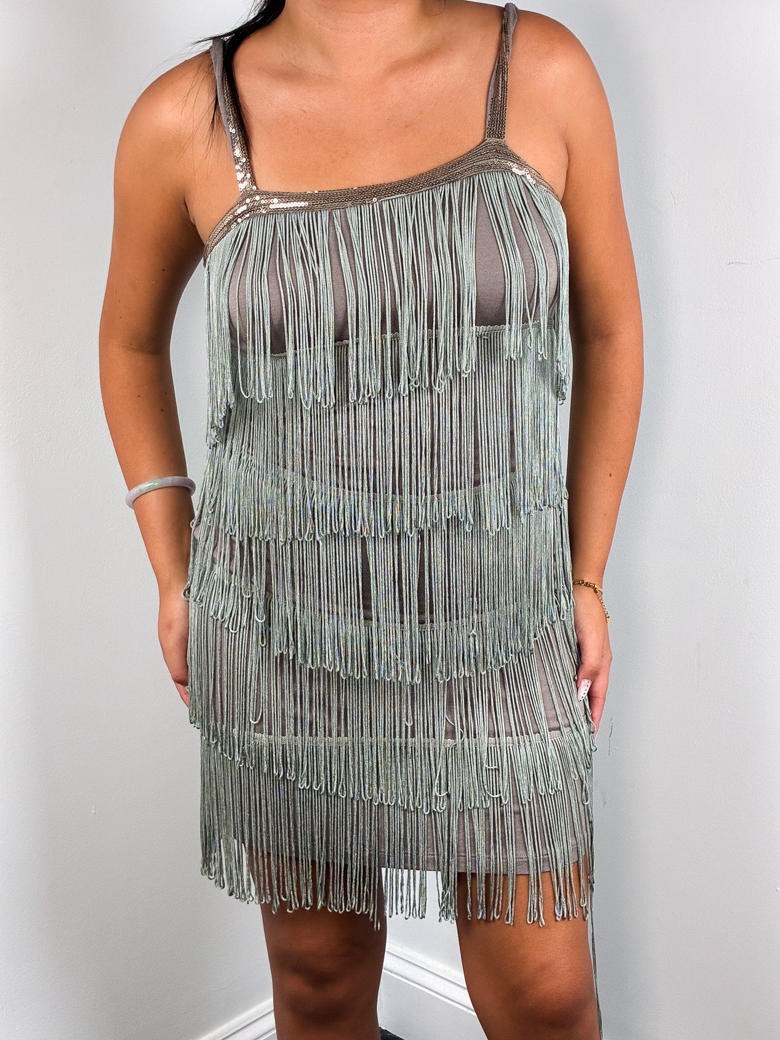 2000s Sage Green Tiered Fringe Flapper Dress - M