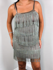 2000s Sage Green Tiered Fringe Flapper Dress - M