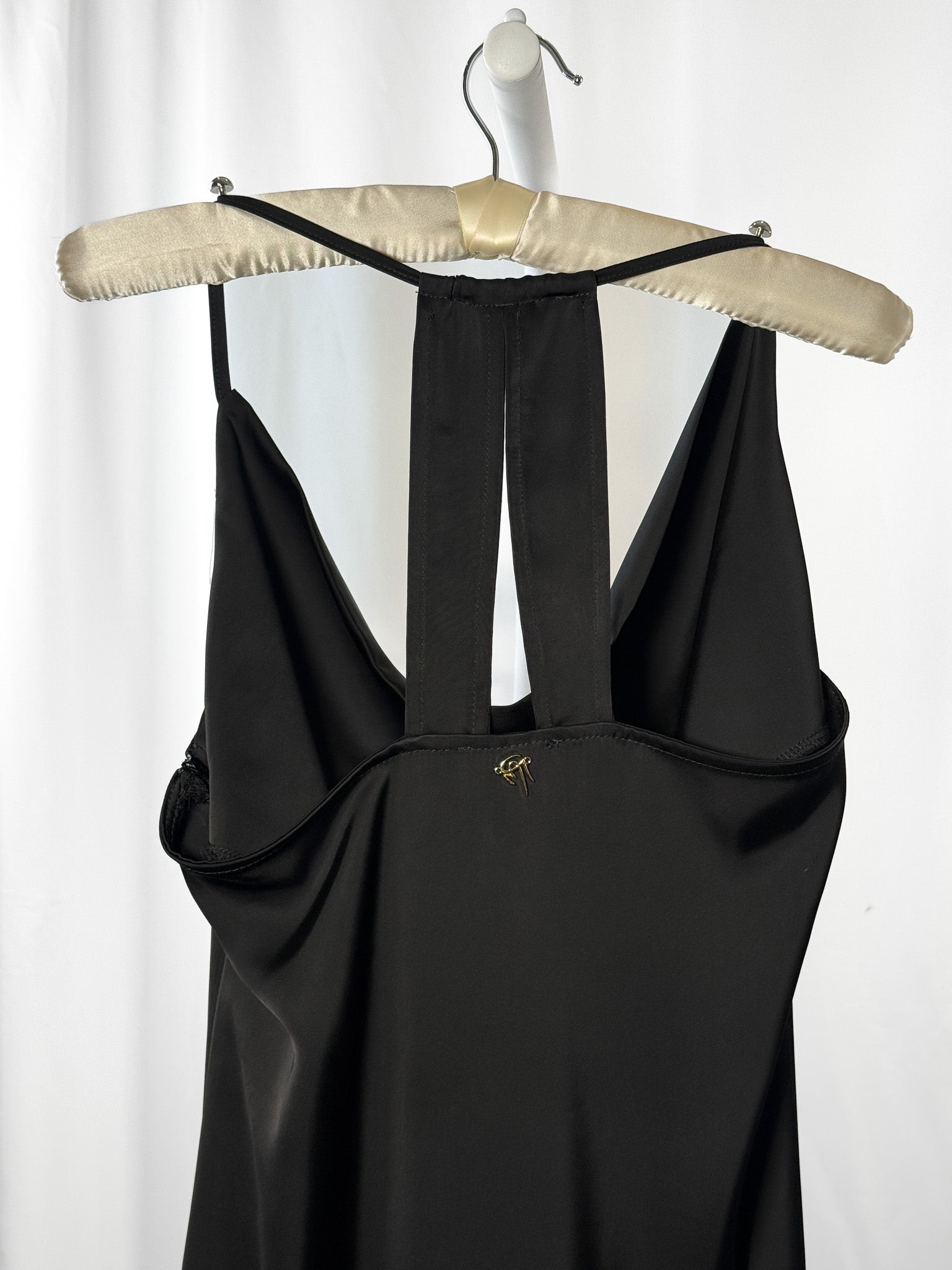 GM by Gai Mattiolo 2000s Black Satin Cowl Neck Fringe Hem Midi Dress - L