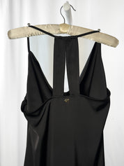 GM by Gai Mattiolo 2000s Black Satin Cowl Neck Fringe Hem Midi Dress - L