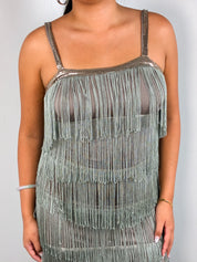 2000s Sage Green Tiered Fringe Flapper Dress - M