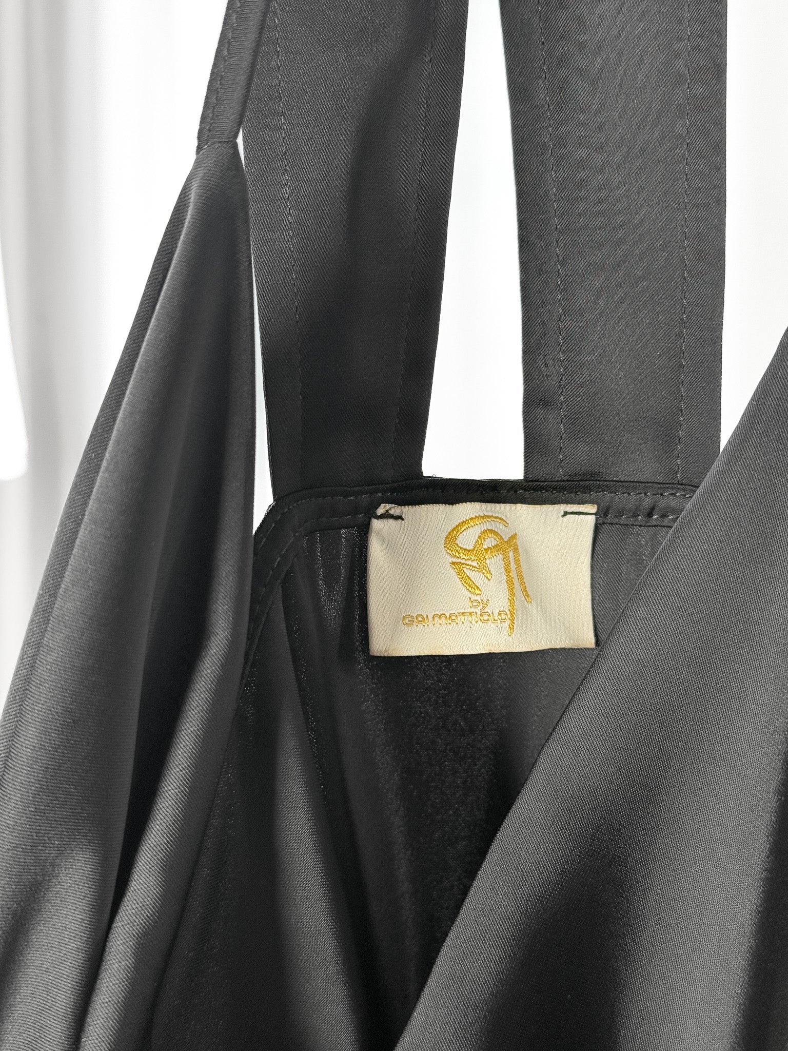 GM by Gai Mattiolo 2000s Black Satin Cowl Neck Fringe Hem Midi Dress - L