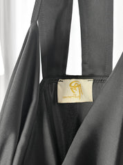 GM by Gai Mattiolo 2000s Black Satin Cowl Neck Fringe Hem Midi Dress - L