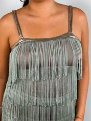 2000s Sage Green Tiered Fringe Flapper Dress - M