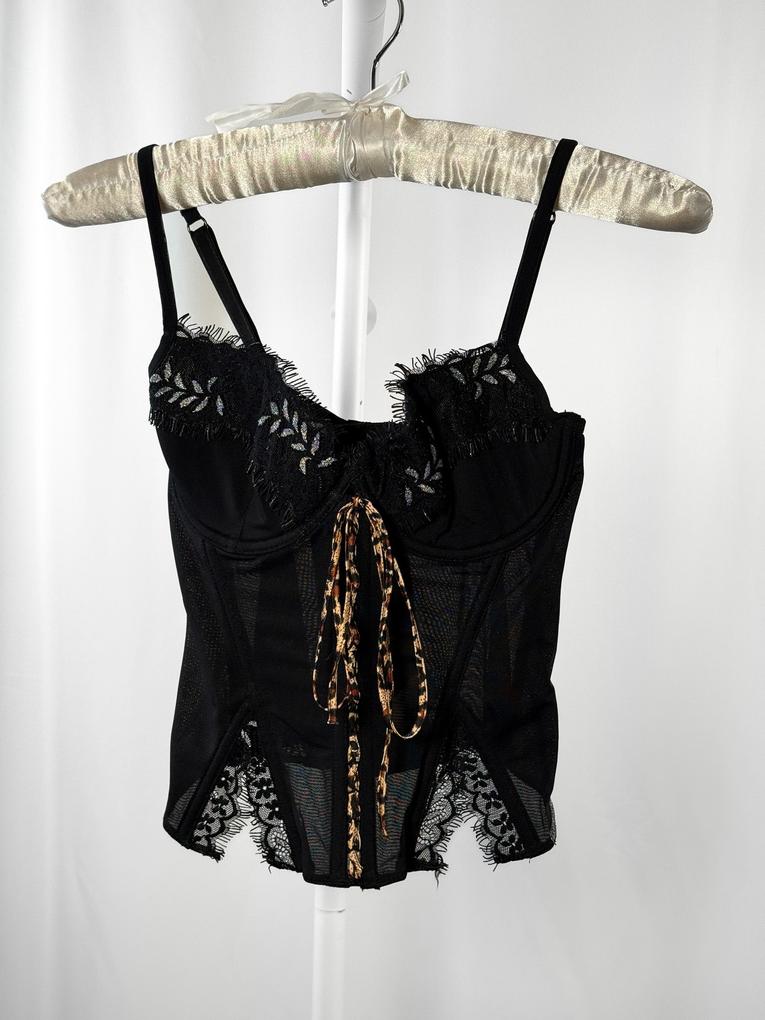 Pierre Cardin 2000s Black Lace Leopard Tie Bustier Top - 34B