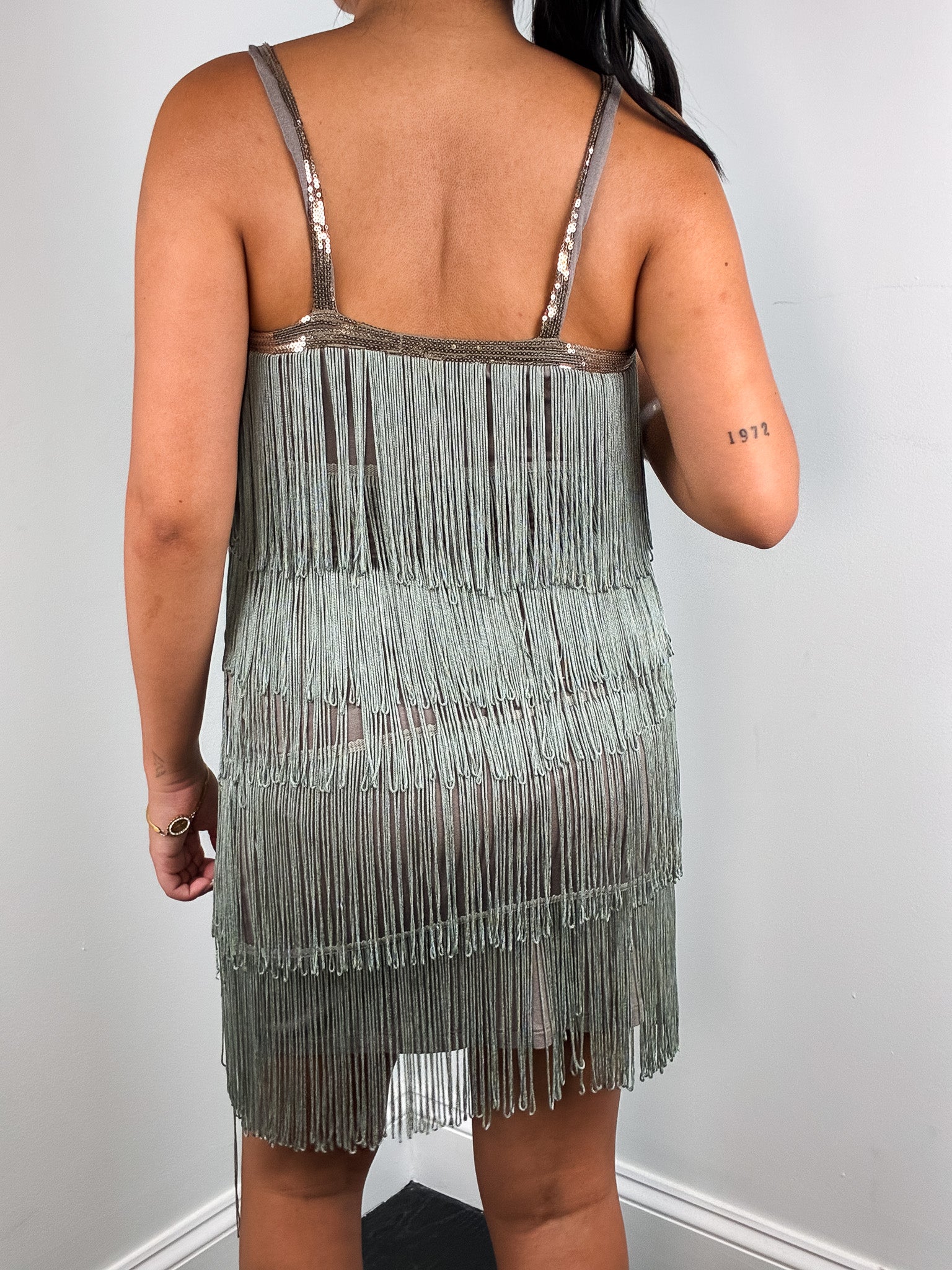 2000s Sage Green Tiered Fringe Flapper Dress - M