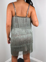 2000s Sage Green Tiered Fringe Flapper Dress - M