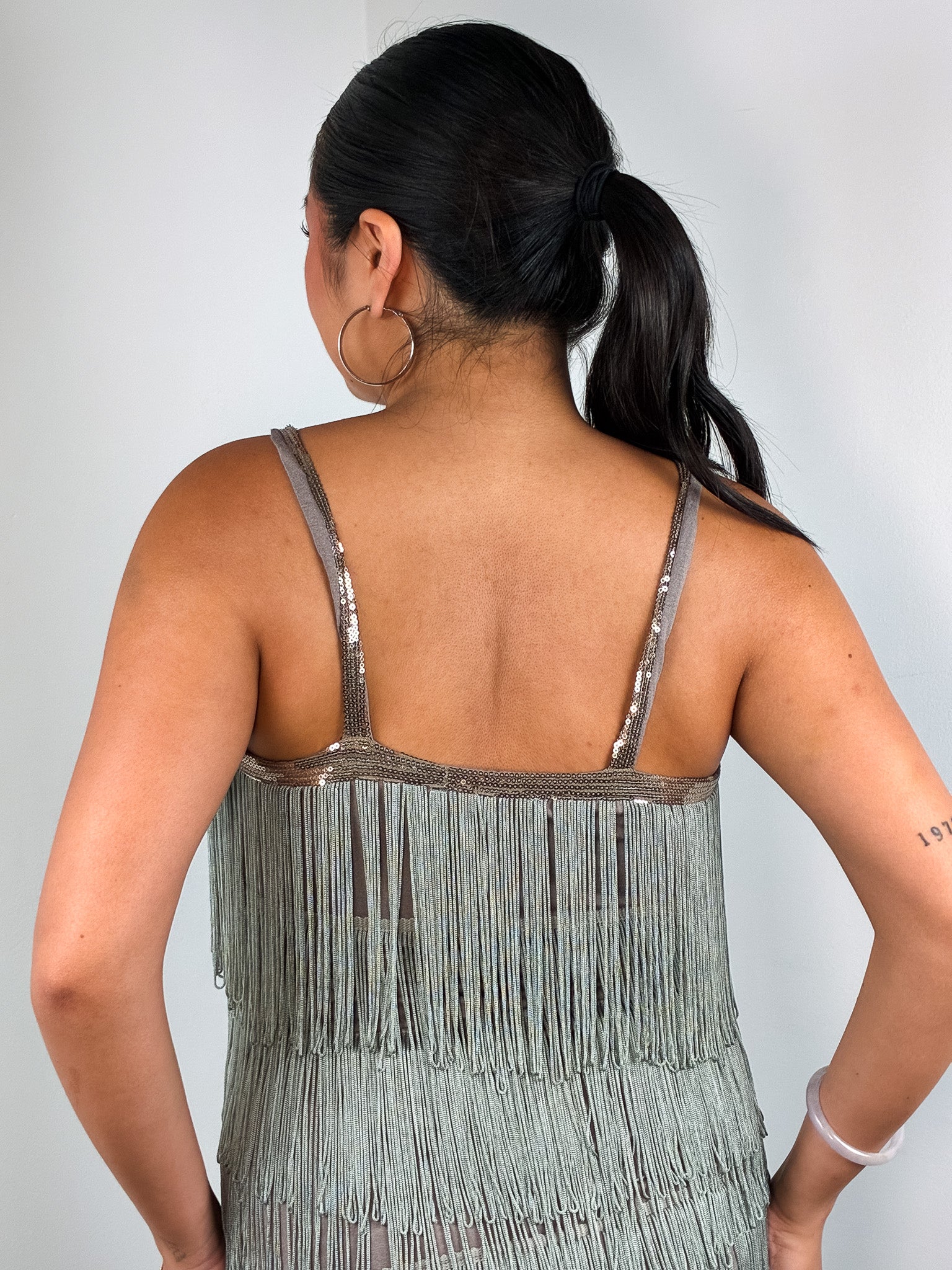 2000s Sage Green Tiered Fringe Flapper Dress - M