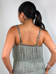 2000s Sage Green Tiered Fringe Flapper Dress - M
