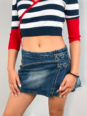 Extyn 2000s Navy Stripe Red Trim Wrap Crop Knit Top - XS/S