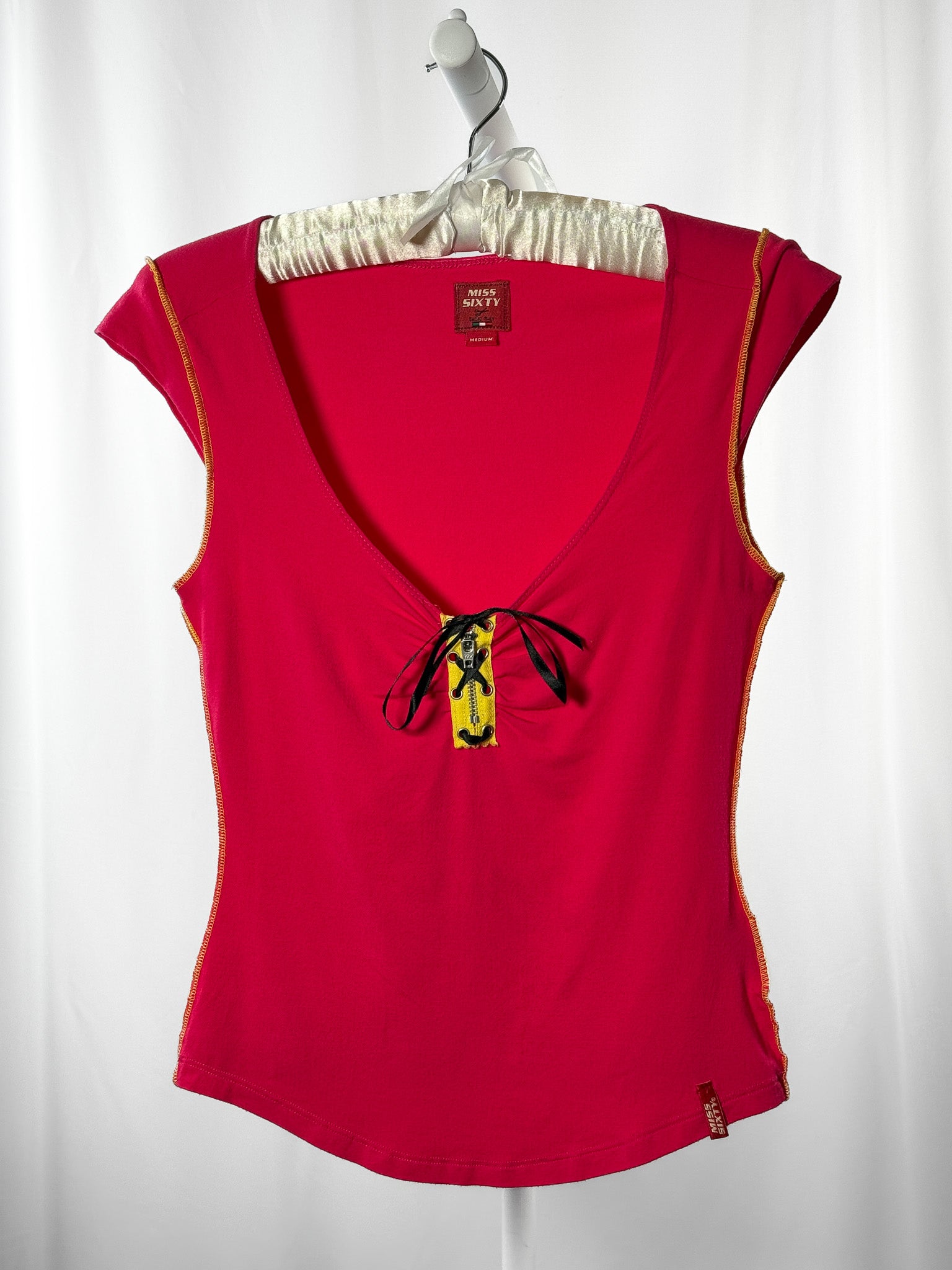 Miss Sixty 2000s Fuchsia Zipper Lace-Up Cap Sleeve Top - M