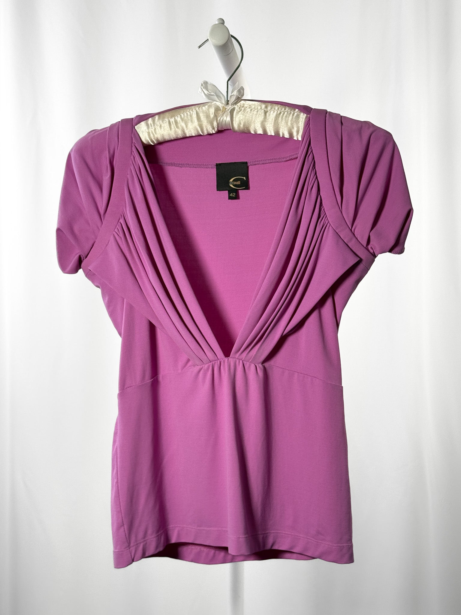 Just Cavalli 2000s Orchid Draped Deep V Puff Sleeve Top - S/M