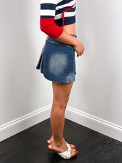 2000s Dark Wash Buckle Strap Pleated Denim Mini Skirt - XS/S