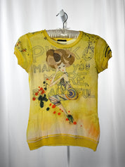 Pinko 2000s Yellow Illustrated Girl Print Cotton Cashmere Tee - S