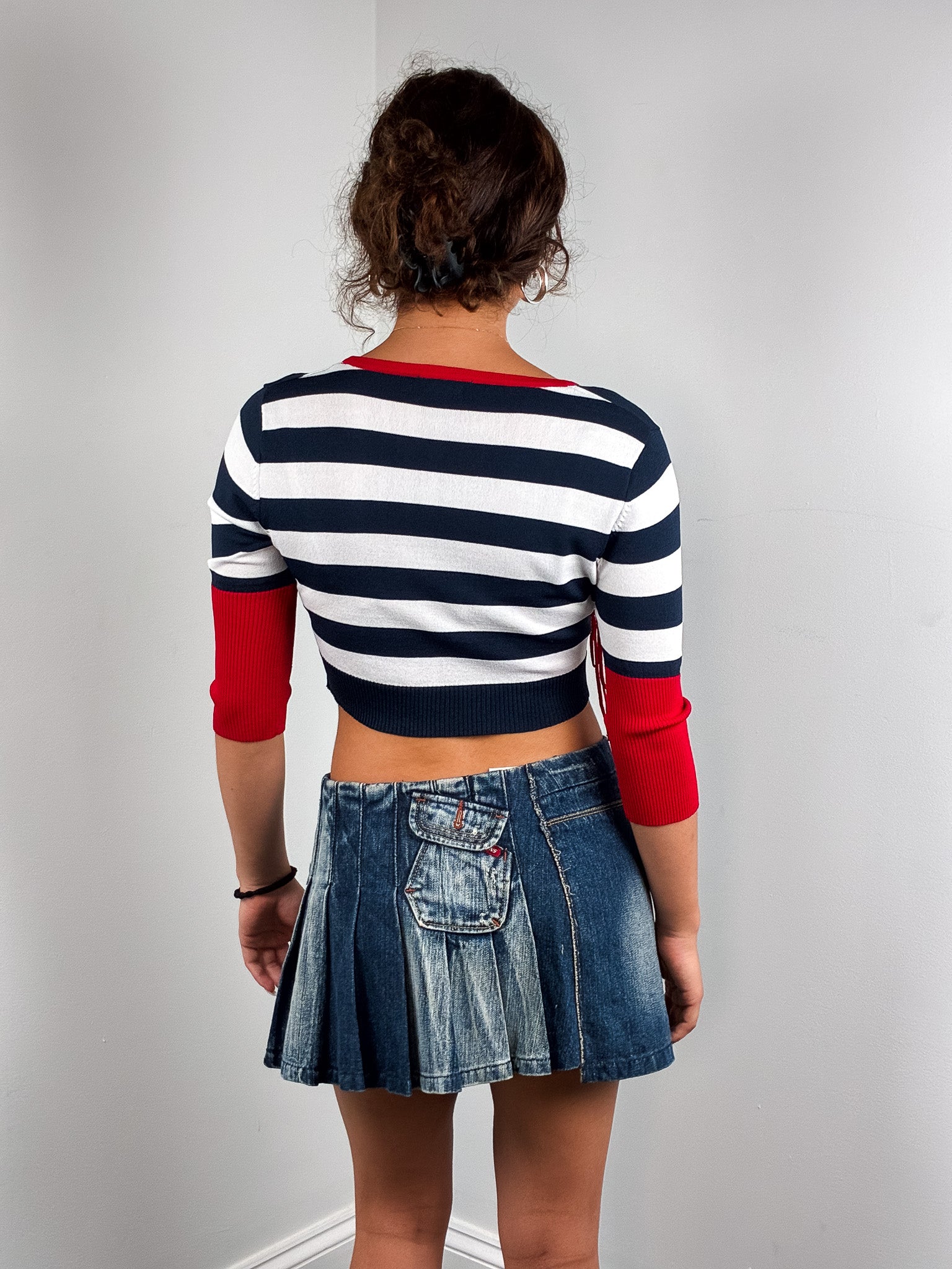 Extyn 2000s Navy Stripe Red Trim Wrap Crop Knit Top - XS/S