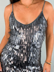 2000s Silver Ombré Paillette Fringe Mini Dress - S