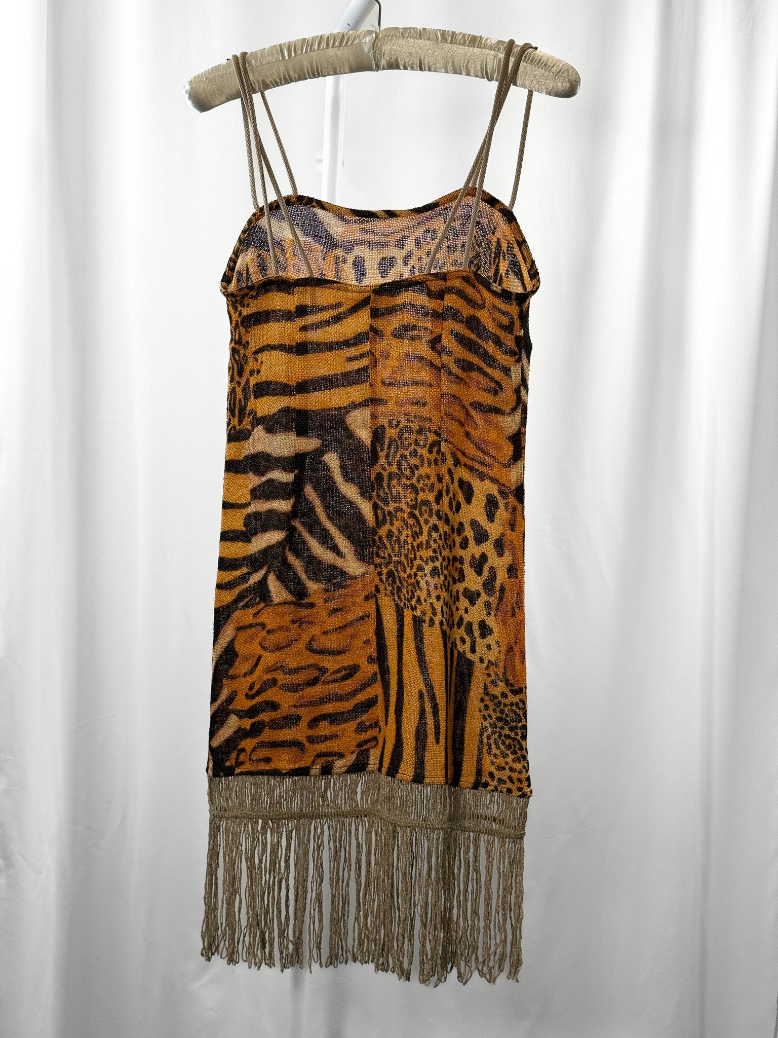 La Perla Oceano 2000s Patchwork Animal Print Fringe Knit Mini Dress - S/M