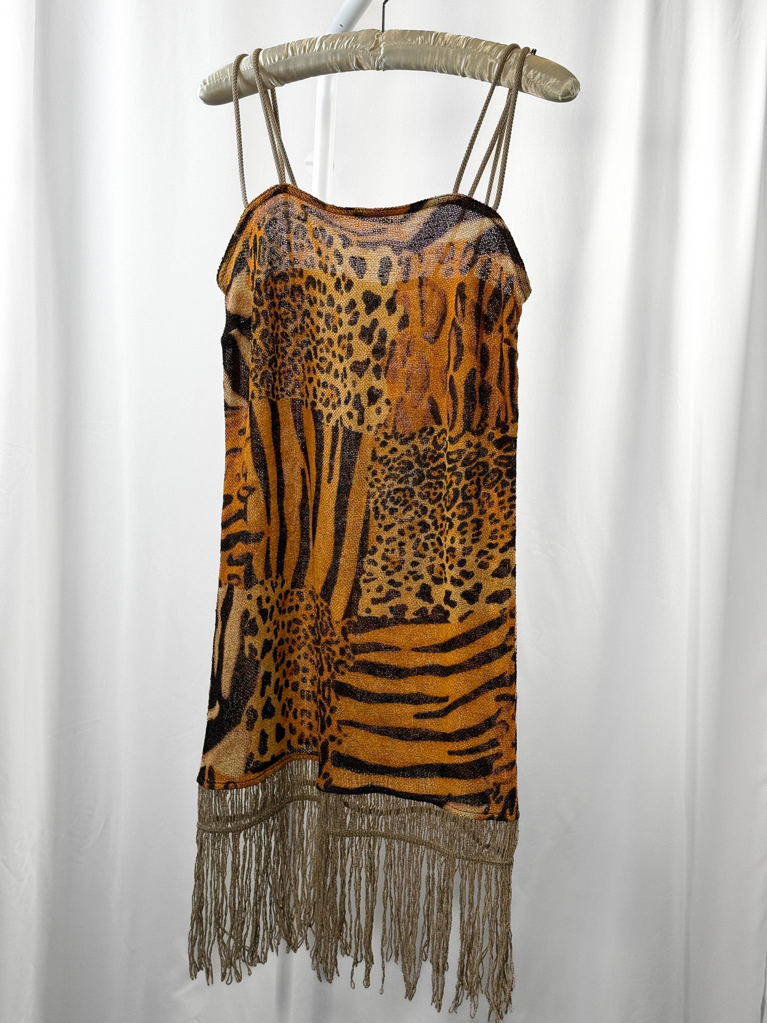La Perla Oceano 2000s Patchwork Animal Print Fringe Knit Mini Dress - S/M