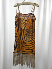 La Perla Oceano 2000s Patchwork Animal Print Fringe Knit Mini Dress - S/M