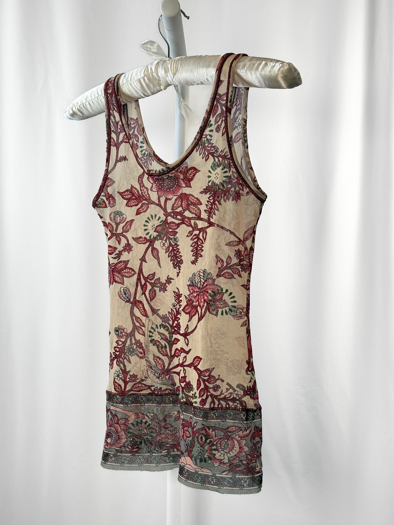 Fuzzi 2000s Cream Burgundy Floral Mesh Tank Top - S