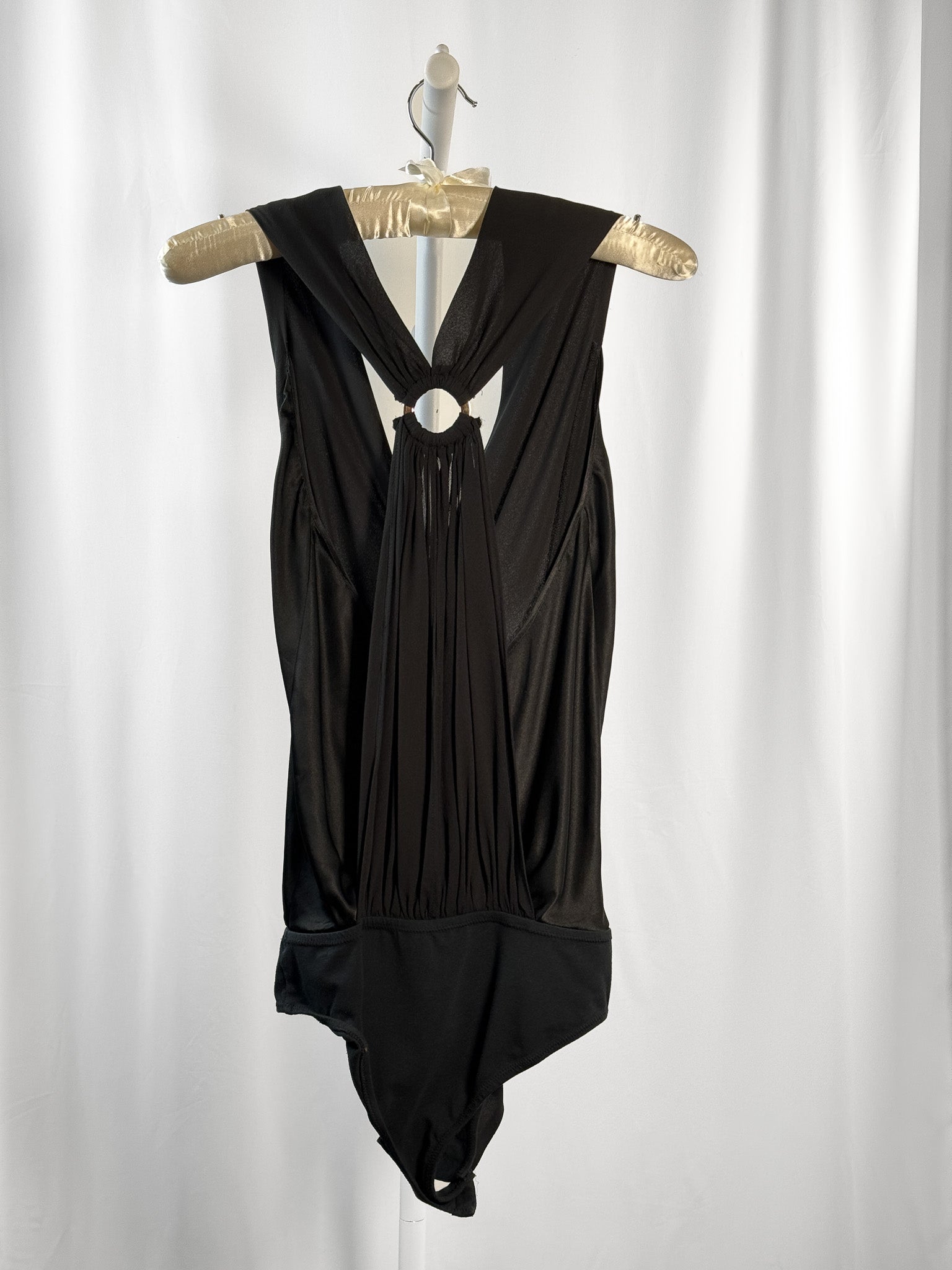 Fornarina 2000s Black Silk Wrap O-Ring Back Bodysuit - S