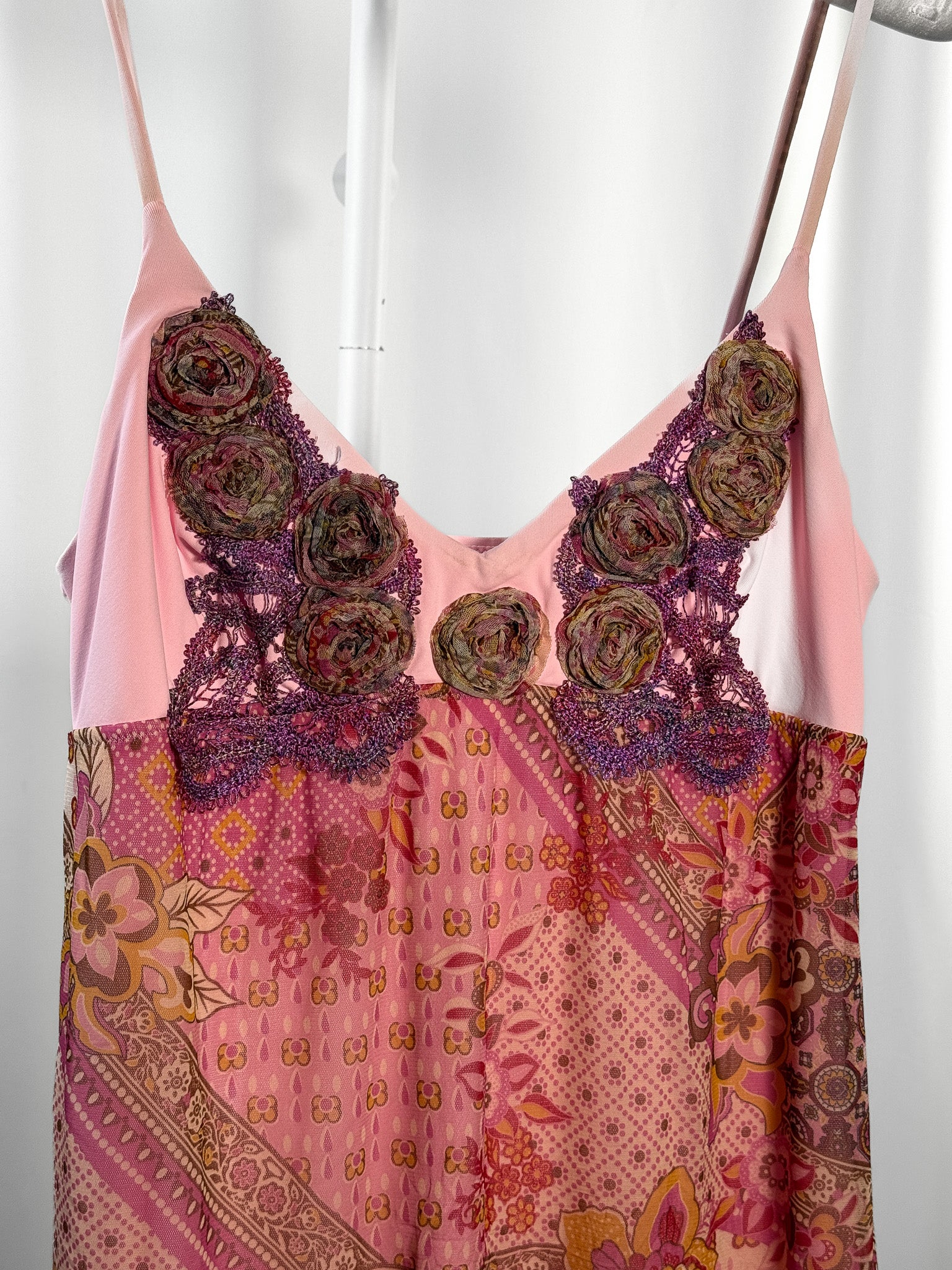 Raffaela D'Angelo 2000s Pink Paisley Rosette Appliqué Mesh Slip Dress - M