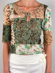 Class Roberto Cavalli 2000s Green Paisley Leopard Patchwork Mesh Top - S-L
