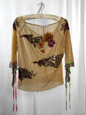 Maria Grazia Severi 2000s Sequin Mesh Top & Palm Leopard Print Skirt Set - L/XL