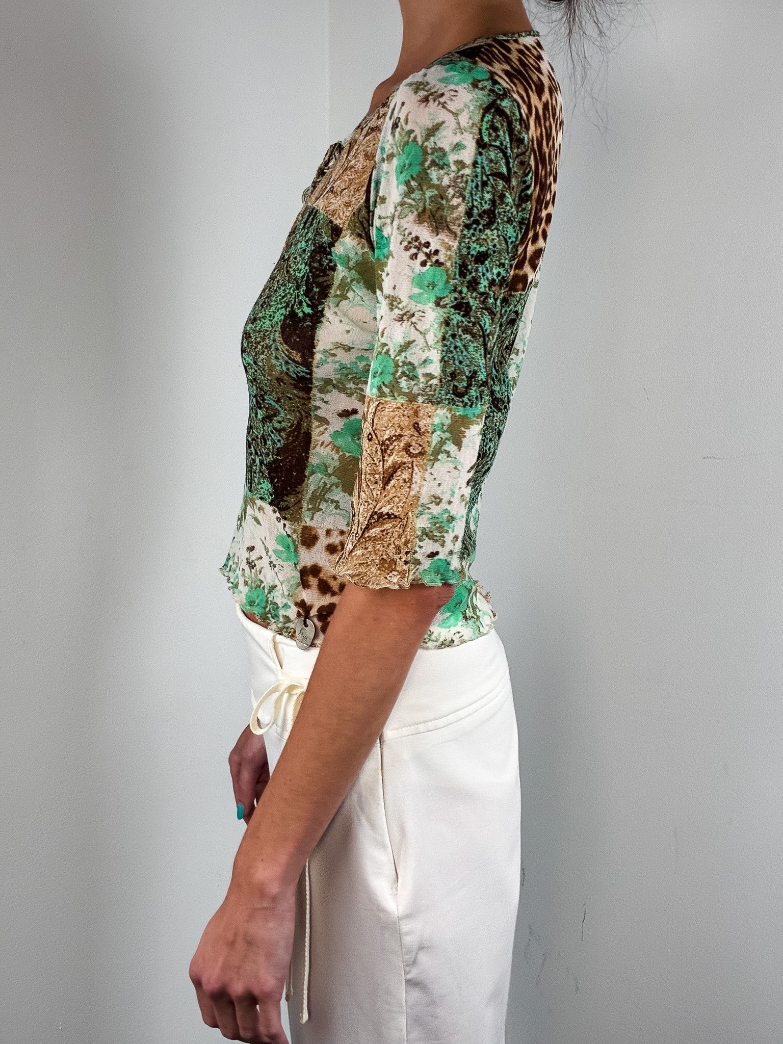 Class Roberto Cavalli 2000s Green Paisley Leopard Patchwork Mesh Top - S-L