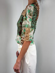 Class Roberto Cavalli 2000s Green Paisley Leopard Patchwork Mesh Top - S-L