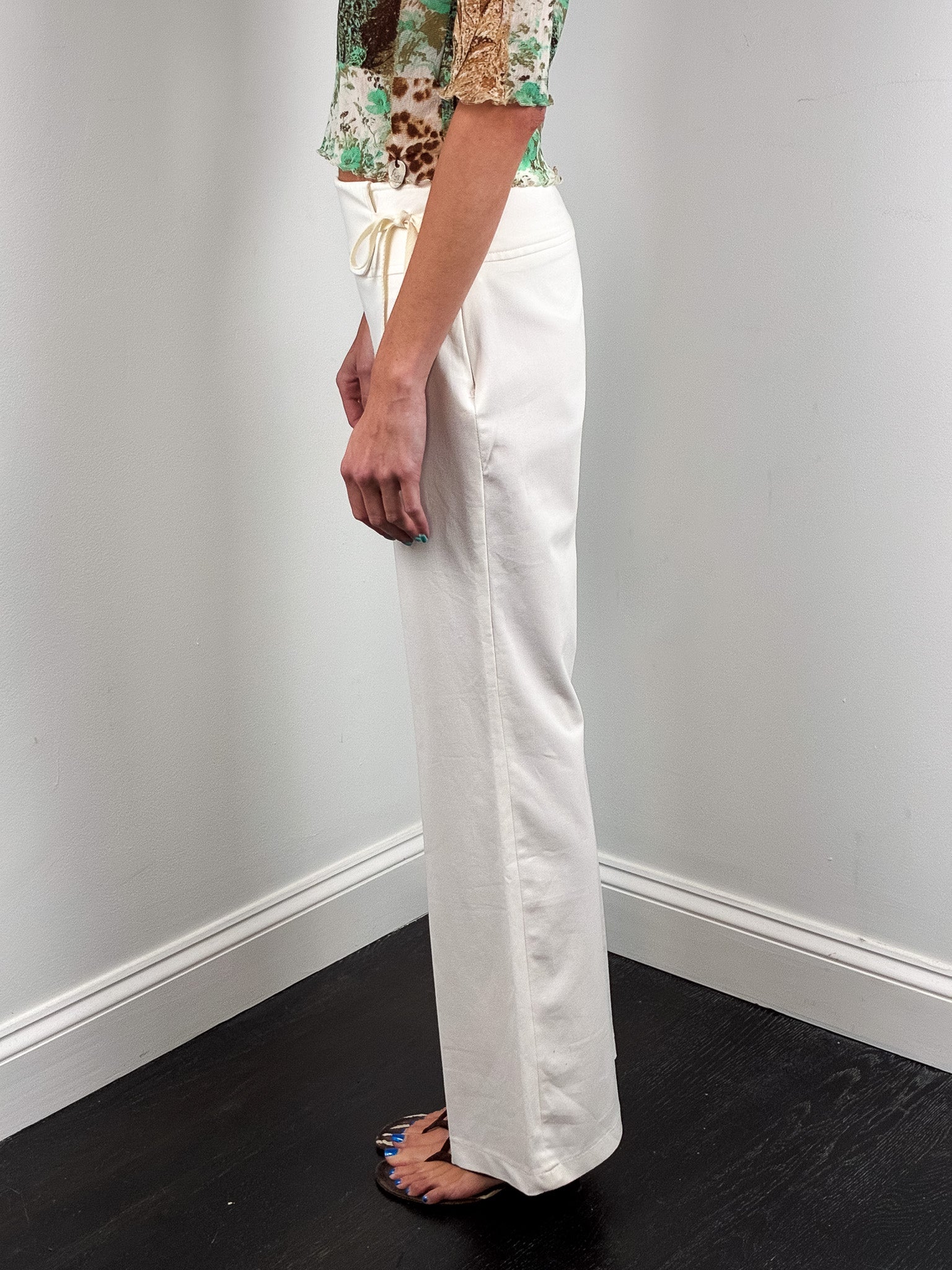 Xanaka 2000s Cream Low Rise Fold Over Waist Flare Trousers - S/M