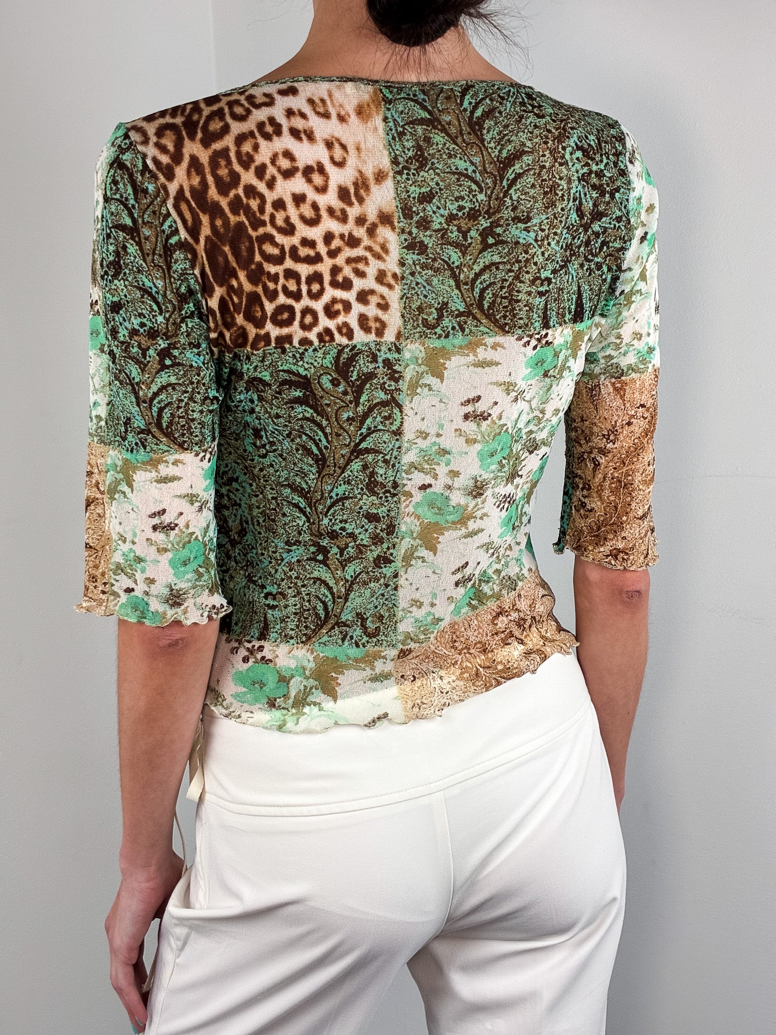 Class Roberto Cavalli 2000s Green Paisley Leopard Patchwork Mesh Top - S-L
