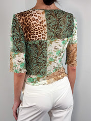 Class Roberto Cavalli 2000s Green Paisley Leopard Patchwork Mesh Top - S-L