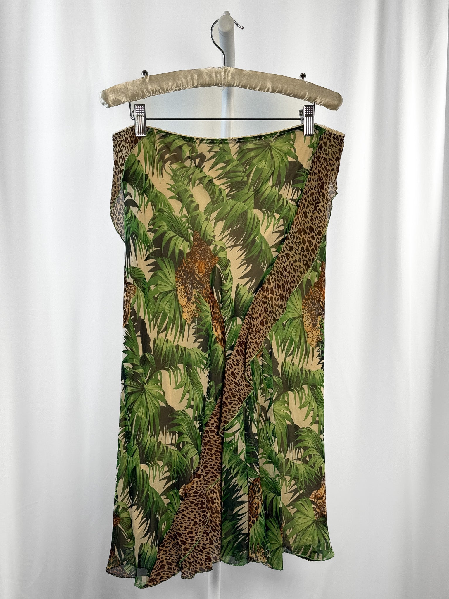 Maria Grazia Severi 2000s Sequin Mesh Top & Palm Leopard Print Skirt Set - L/XL