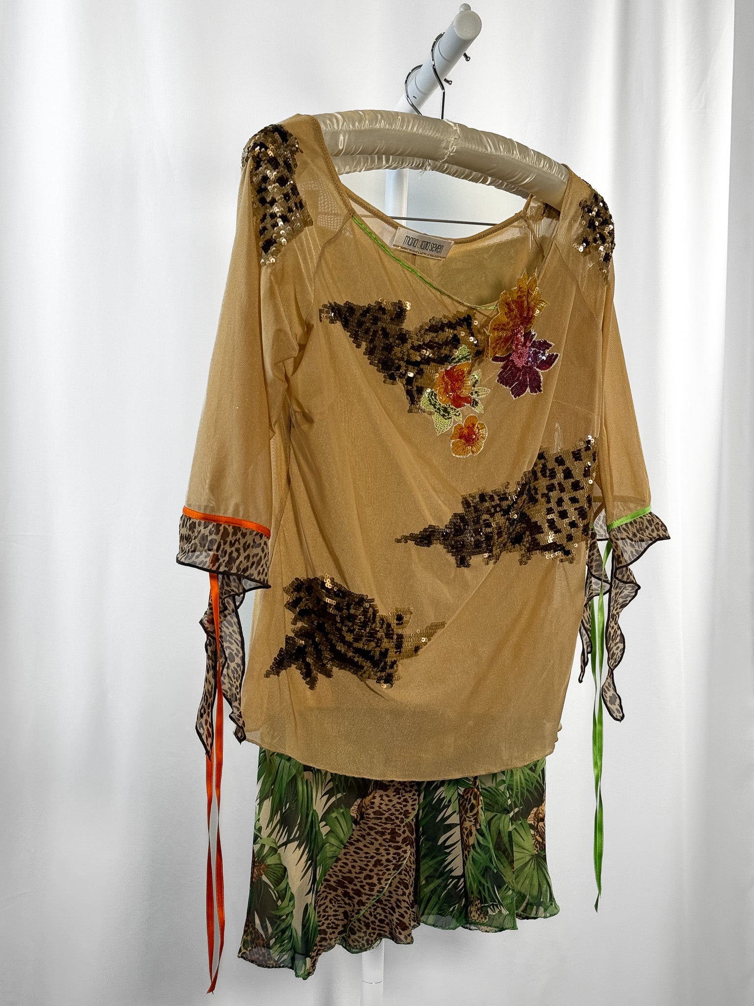 Maria Grazia Severi 2000s Sequin Mesh Top & Palm Leopard Print Skirt Set - L/XL